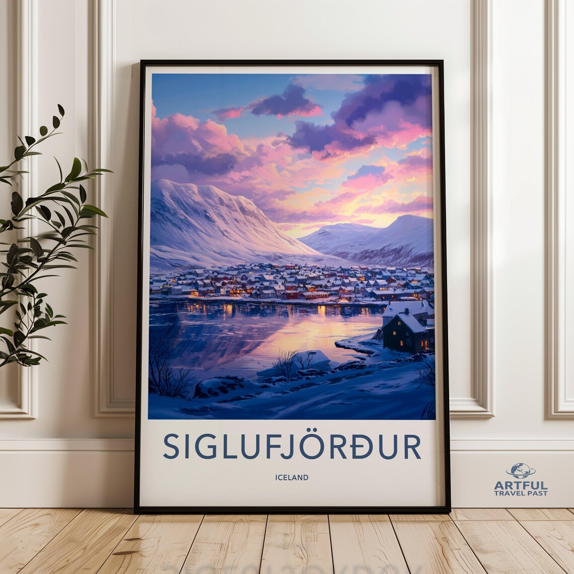 Siglufjörður Iceland Snowy Harbor Village Sunset Travel Poster