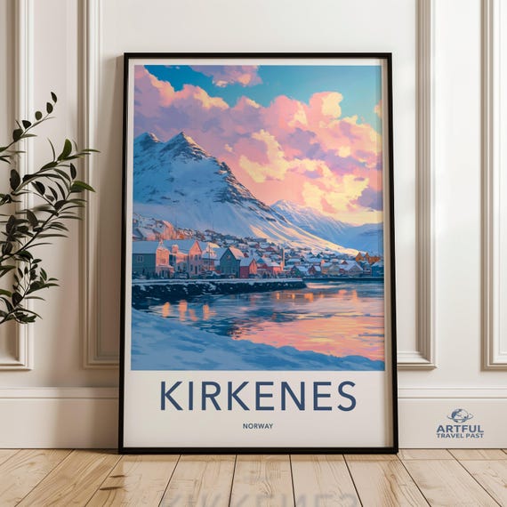 Kirkenes Norway Snowy Waterfront Town Pink Sunset Vintage Travel Poster