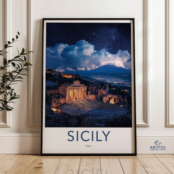 Sicily Italy Scenic Wall Art Starry Night Sky Print Roman Architecture Poster Italian Travel Decor Home