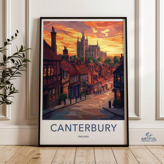 Canterbury England Cityscape Sunset View Street Art Historic Cathedral Wall Home Decor Travel Poster Print Vibrant Colors