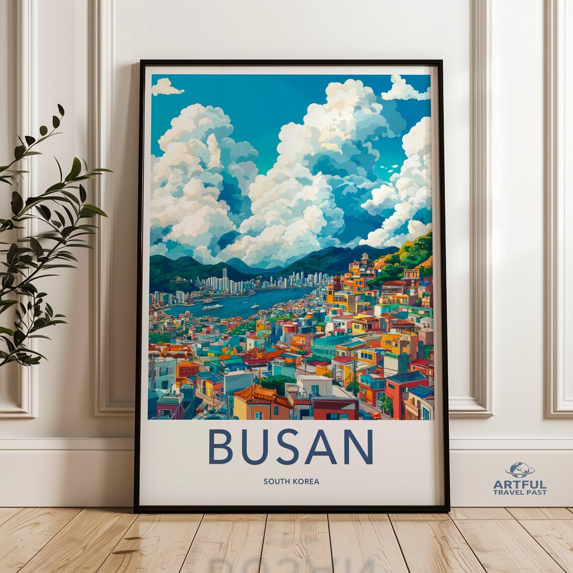 Busan South Korea Colorful Hillside Village Harbor Travel Poster