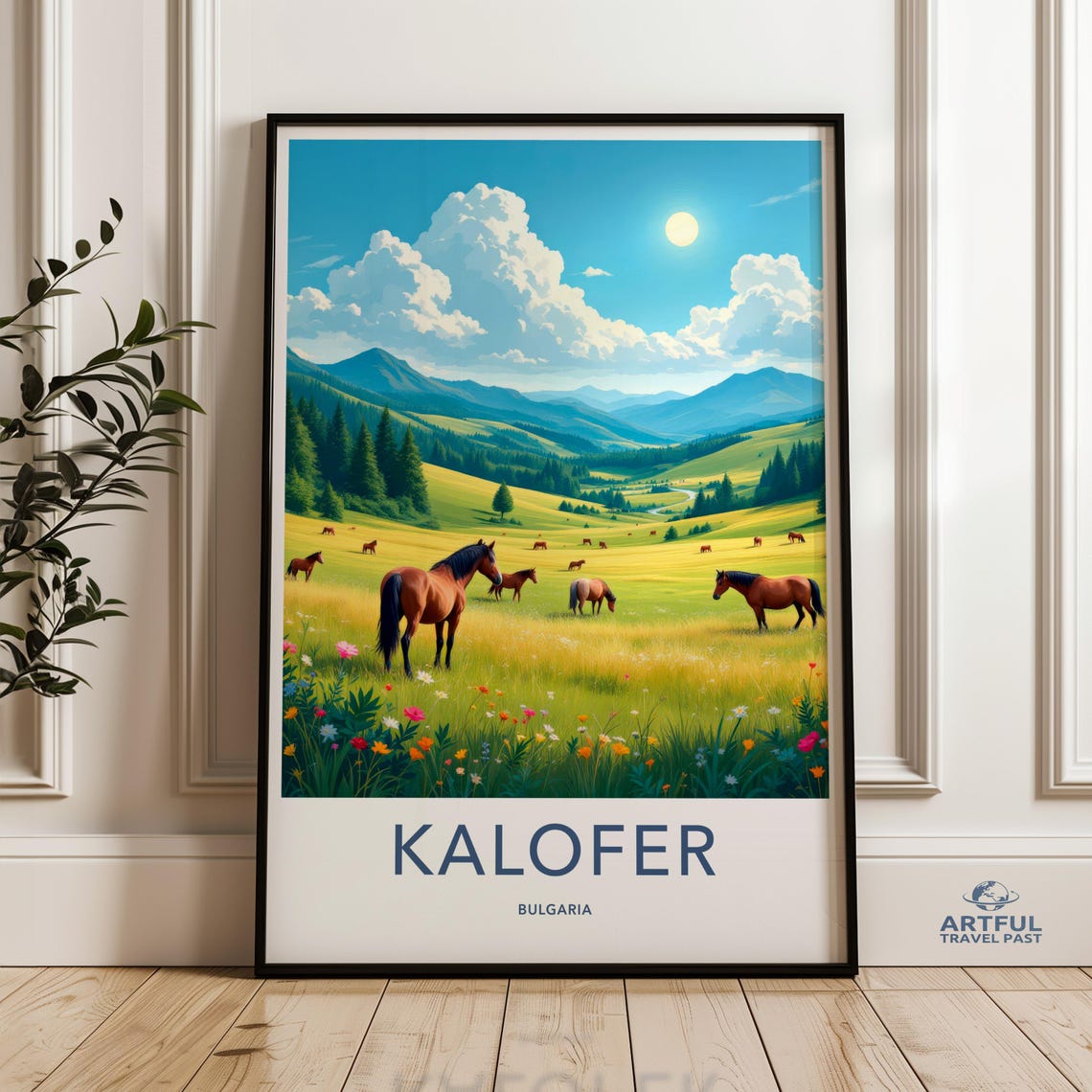 Kalofer Bulgaria Travel Poster Horses Grazing in a Green Alpine Meadow
