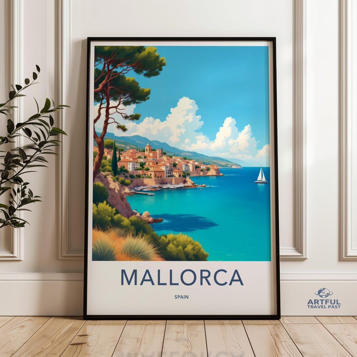Mallorca Spain Mediterranean Coastal Town Vintage Travel Poster