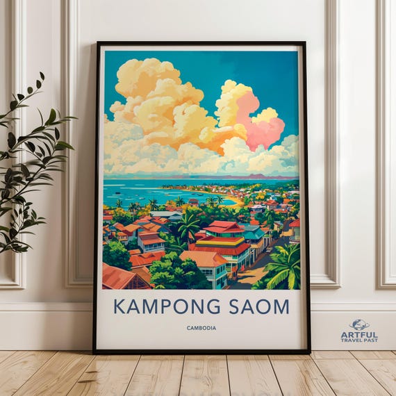 Kampong Saom Cambodia Wall Art Print Vibrant Coastal Town Illustration Poster Scenic Beach Artwork Travel Souvenir Decor