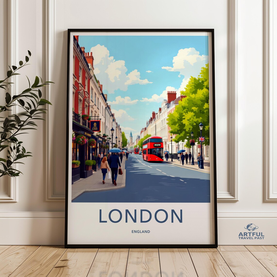 London England Red Double Decker Bus Street Scene Travel Poster