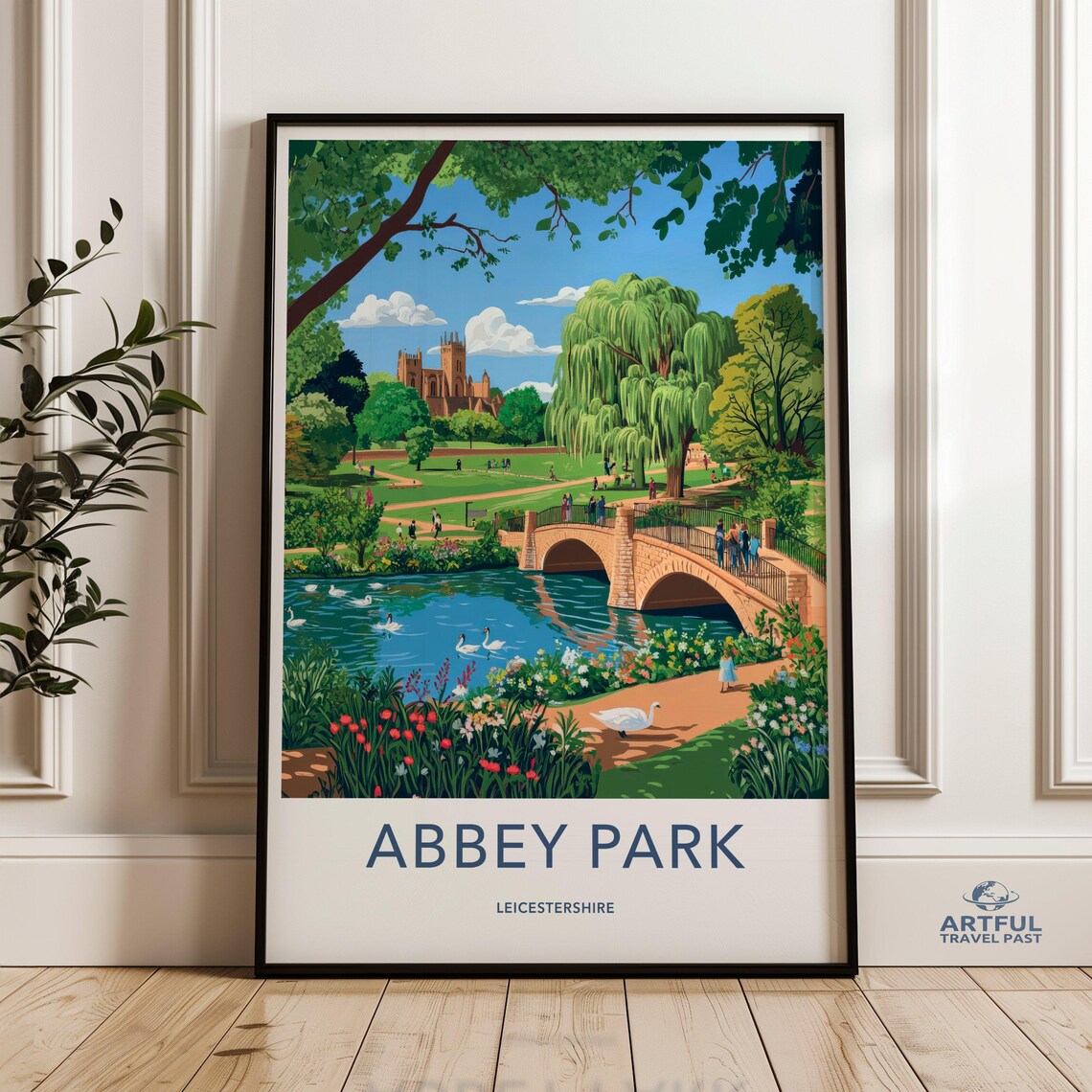 Abbey Park Leicestershire Vintage Style Travel Poster With Swan Lake