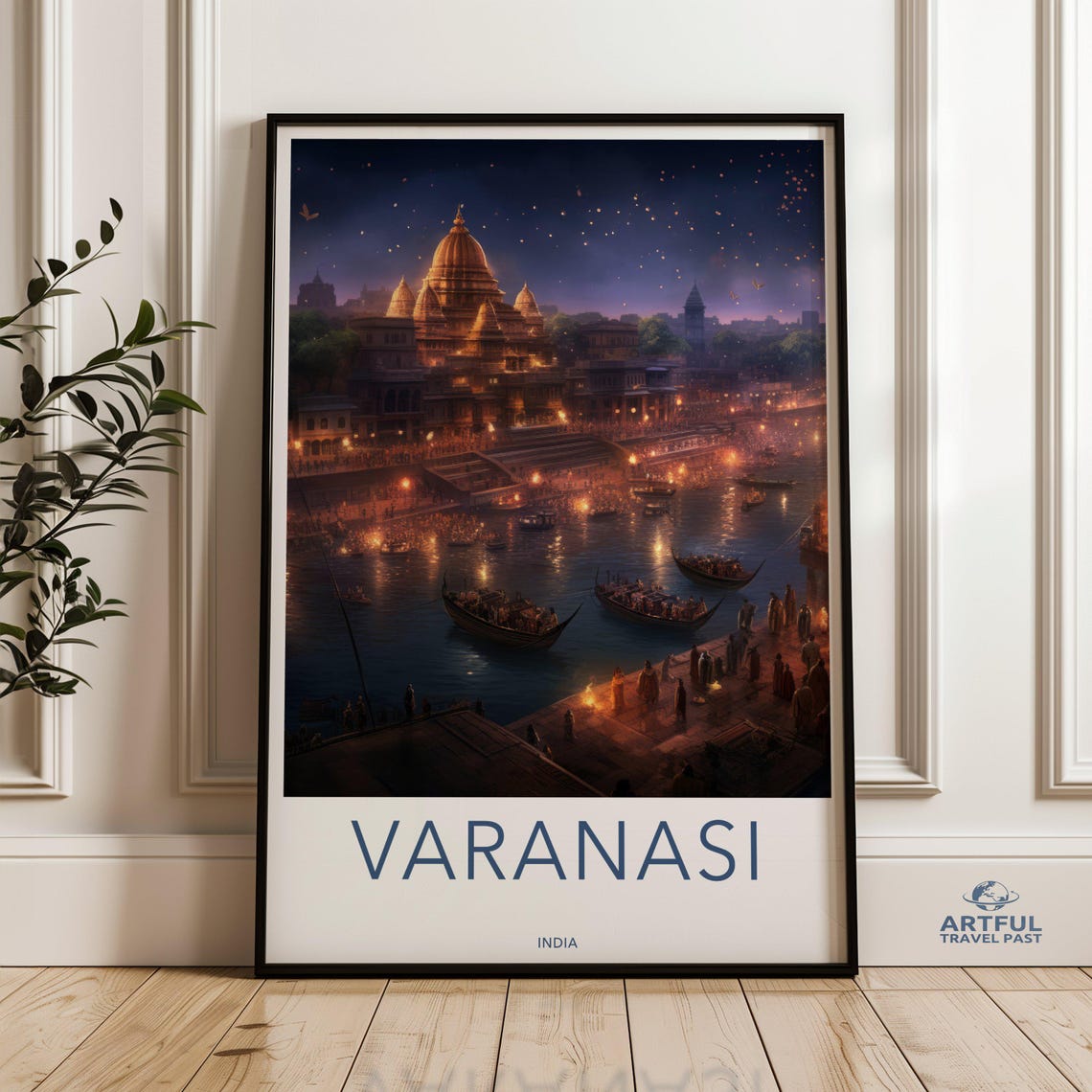 Varanasi Wall Art Historic City Print Nighttime River Scene India Landmark Decor Ganges Artwork