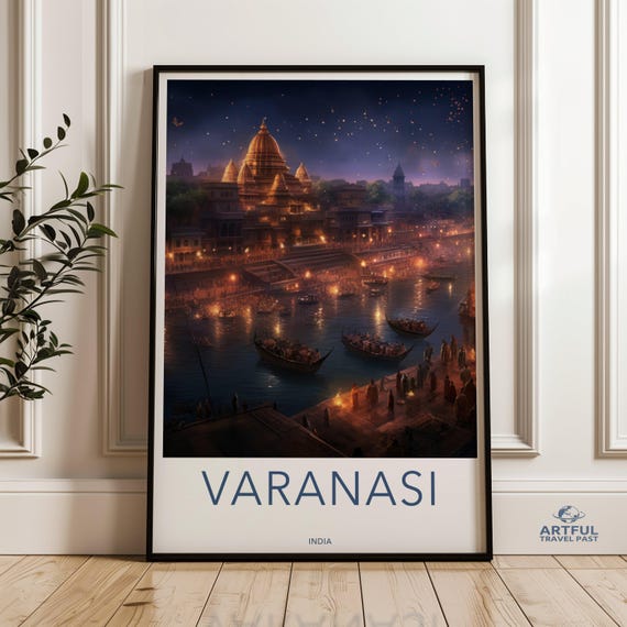 Varanasi Wall Art Historic City Print Nighttime River Scene India Landmark Decor Ganges Artwork