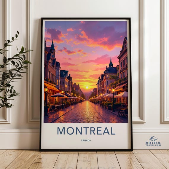 Montreal Cityscape Print Travel Poster Urban Wall Art Sunset Street View Home Decor Contemporary Canada