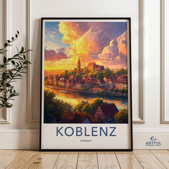 Koblenz Germany Wall Art Print Sunset Cityscape Artwork Scenic European Town Poster Home Decor Vibrant Landscape Illustration