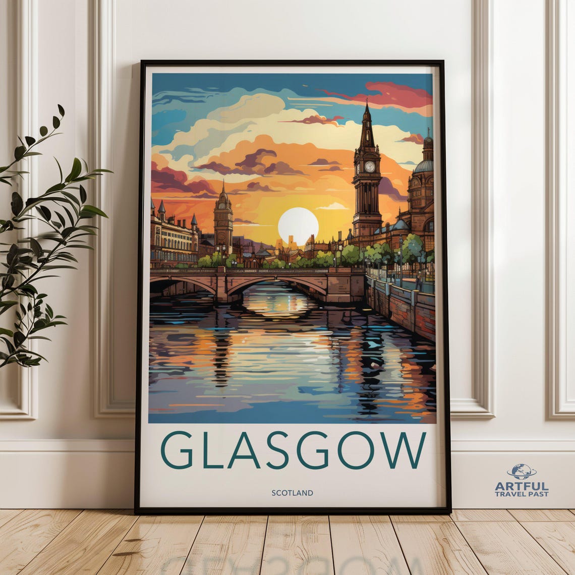 Glasgow Scotland Sunset River Retro Travel Art Wall Decor Poster