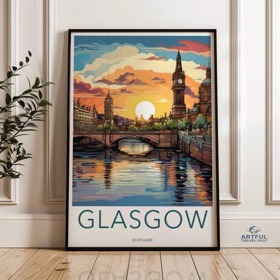 Glasgow Scotland Sunset Scenic Wall Art City Print Cityscape Poster Travel Decor Landmark