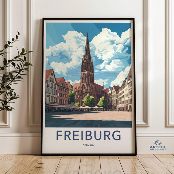 Freiburg Cityscape Wall Art Germany Travel Poster Scenic European Architecture Print Historic Cathedral Artwork Home Decor