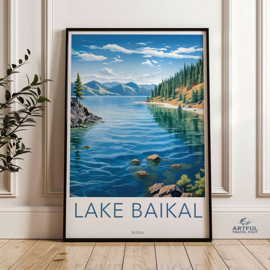 Lake Baikal Russia Turquoise Waters Pine Forest Travel Poster