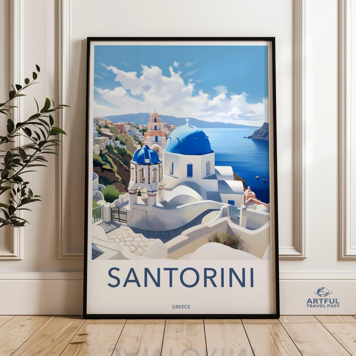 Santorini Greece Blue Domes Caldera Aegean Sea View Travel Poster
