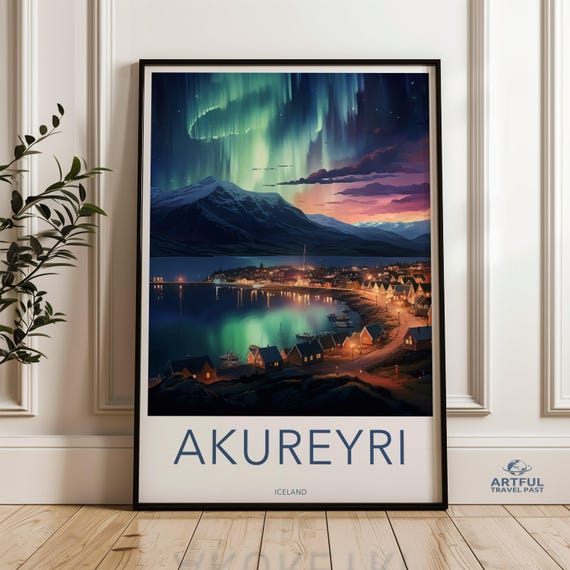 Akureyri Iceland Wall Art Northern Lights Illustration Scenic Landscape Print Nordic Town Artwork Icelandic Decor
