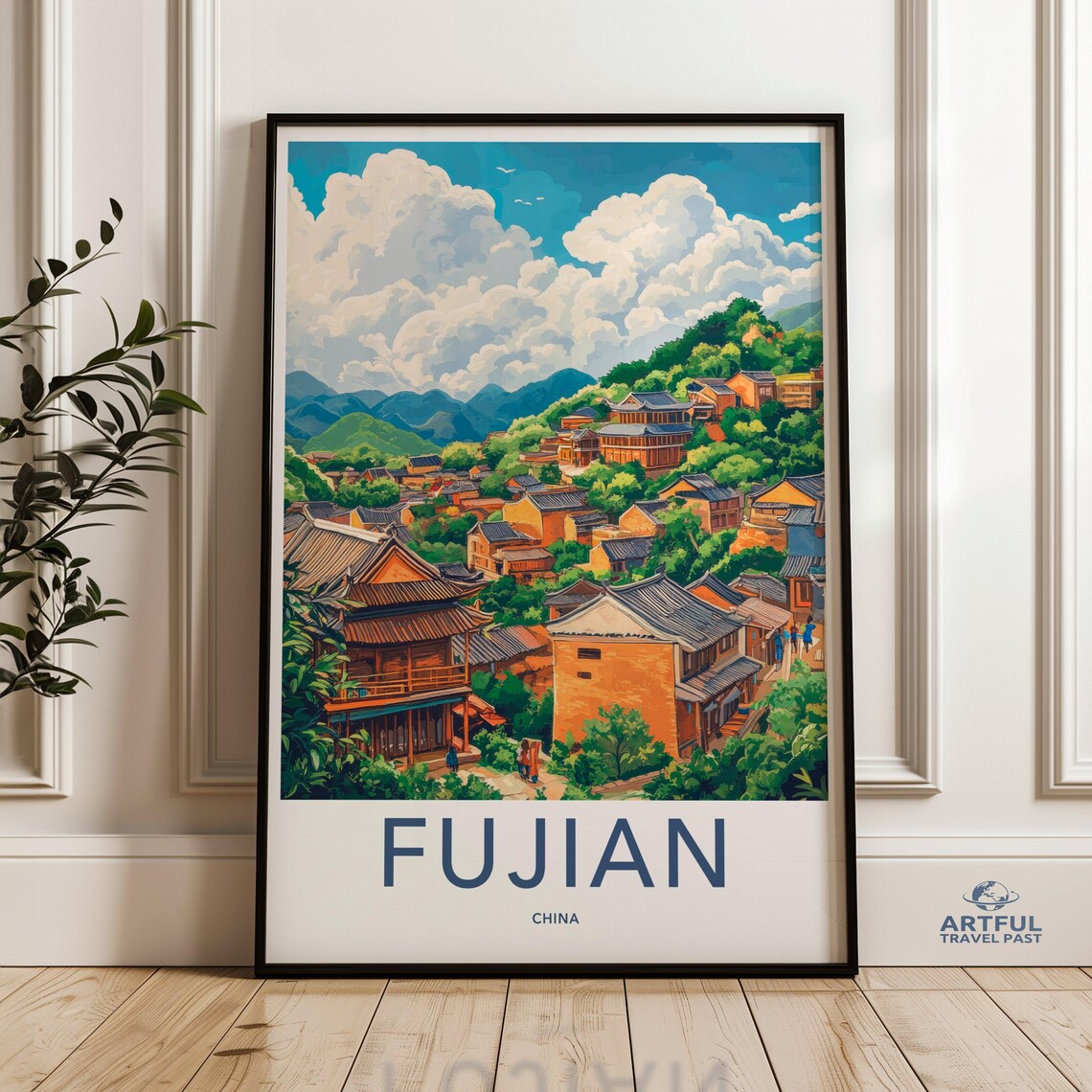 Fujian China Historic Hillside Village Vintage Travel Poster