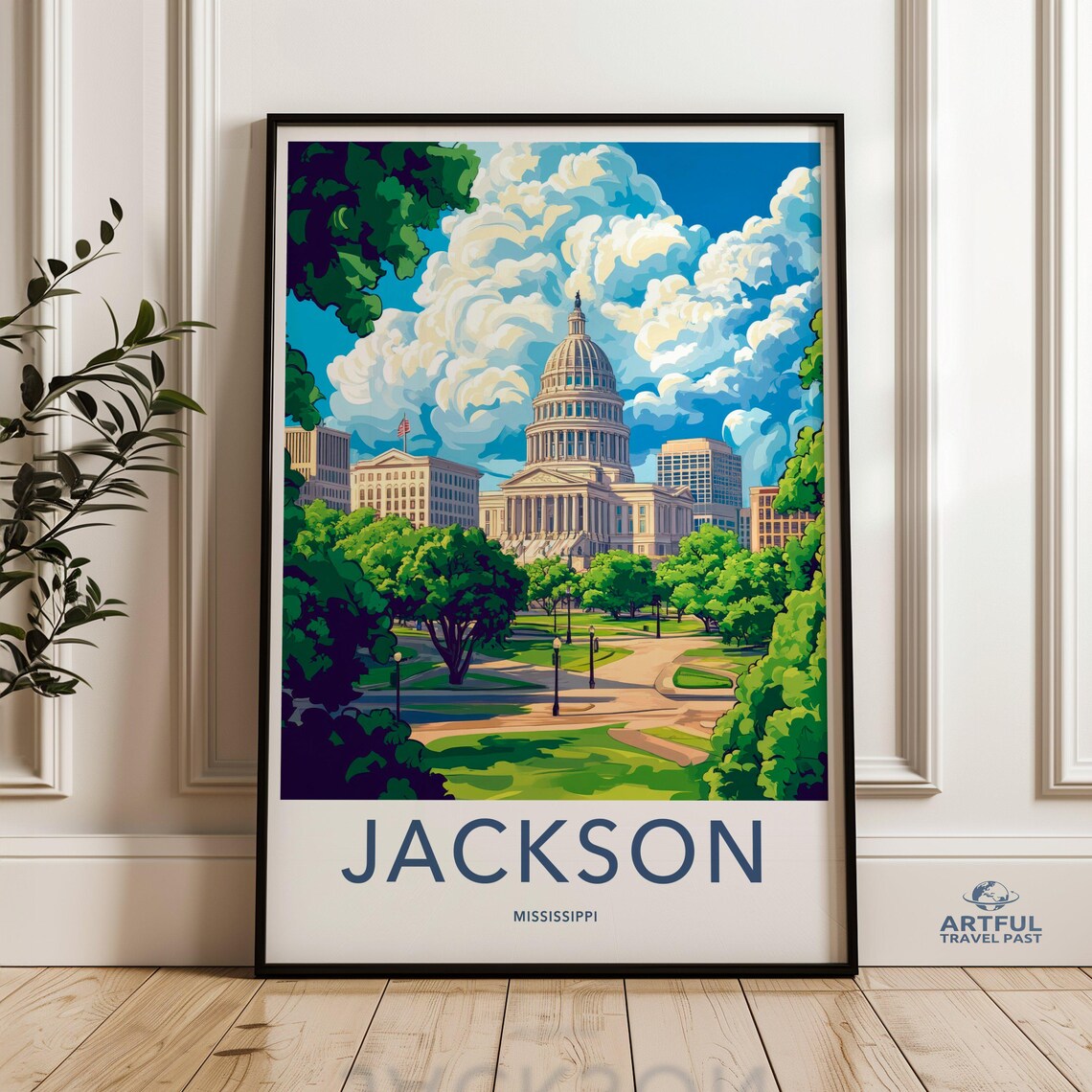 Jackson Mississippi Travel Poster State Capitol Building Park City Art