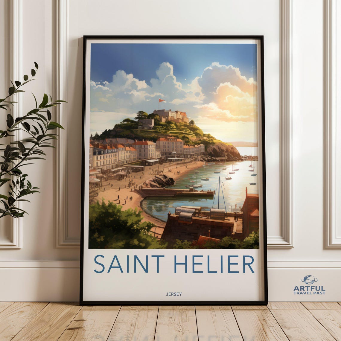 Bright Saint Helier Jersey Sunny Harbor Castle Bay Travel Poster