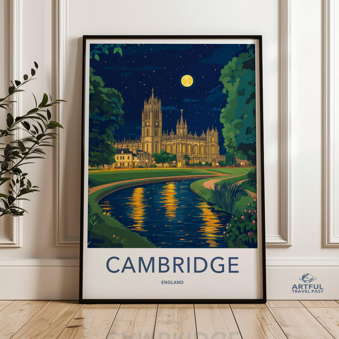 Cambridge England Moonlit Chapel River Cam Night Vintage Travel Poster