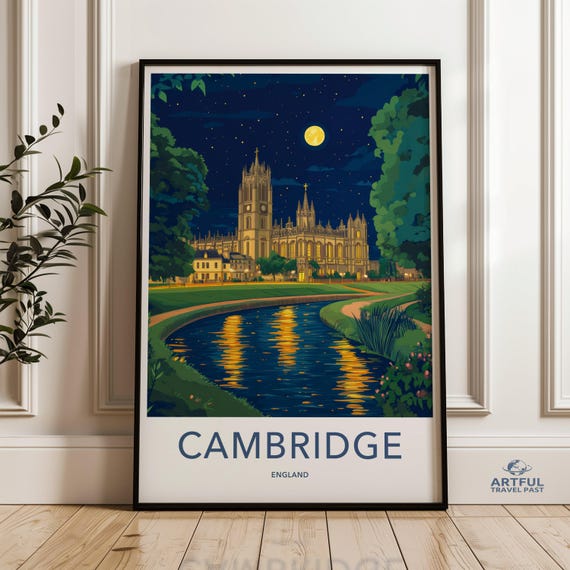 Cambridge England Vintage Travel Poster Wall Art Night Landscape Print Cityscape Artwork Home Decor