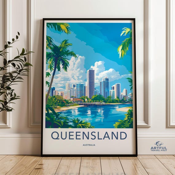 Queensland Cityscape Print Australia Wall Art Travel Poster Coastal Skyline Artwork Modern Decor Beach And City Illustration