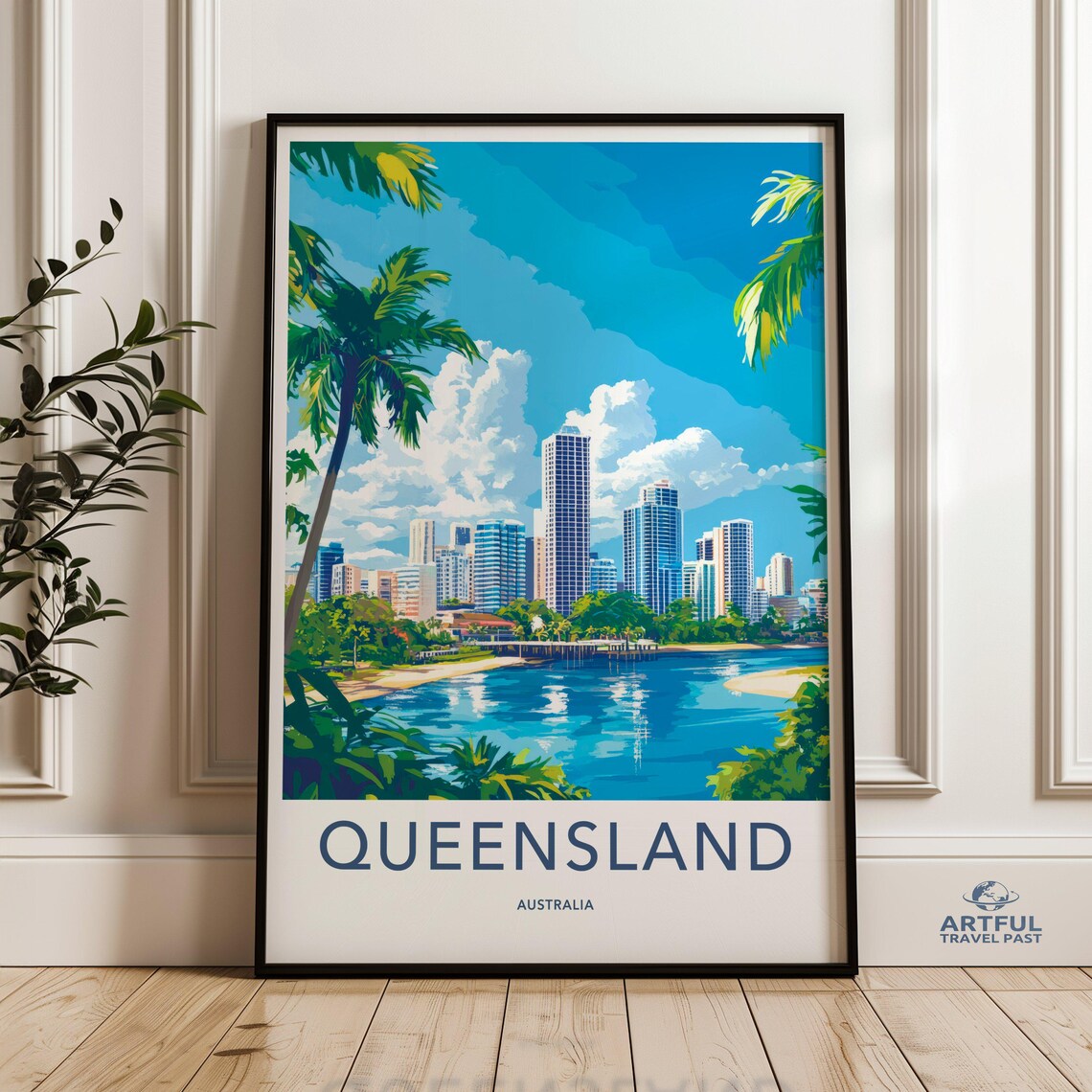 Queensland Australia Tropical Skyline Beach Scene Travel Poster