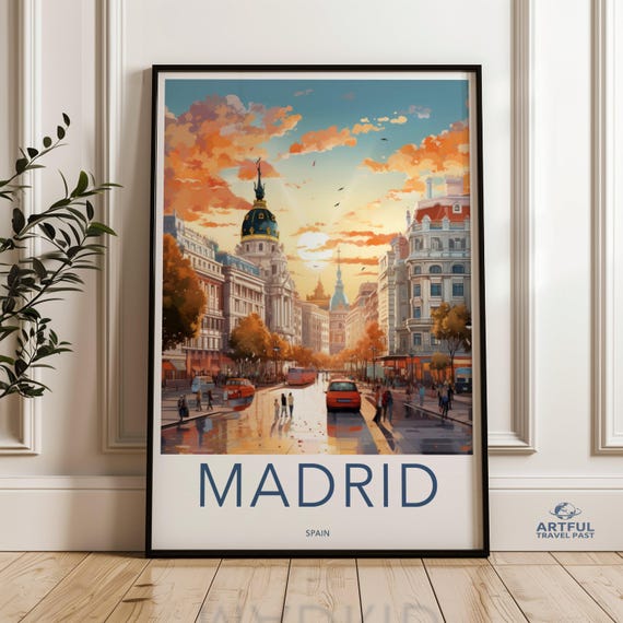 Madrid Spain Wall Art Vintage Cityscape Poster Sunset Urban Decor Europe Travel Illustration Scenic City View Print Modern Home Artwork
