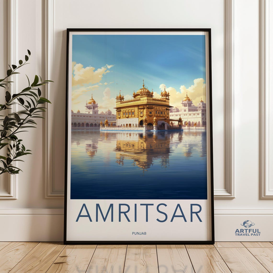 Amritsar Punjab Golden Temple Reflection Vintage Travel Poster