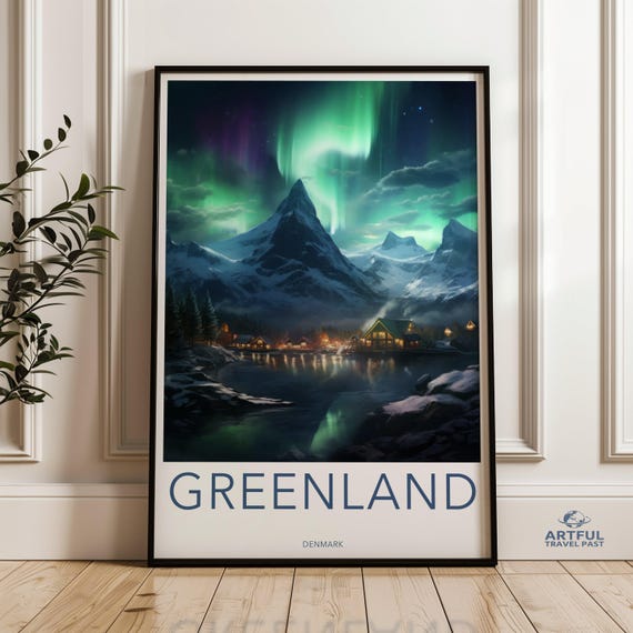 Northern Lights Aurora Borealis Wall Art Print Greenland Travel Poster Scenic Mountain Village Night Sky Artwork