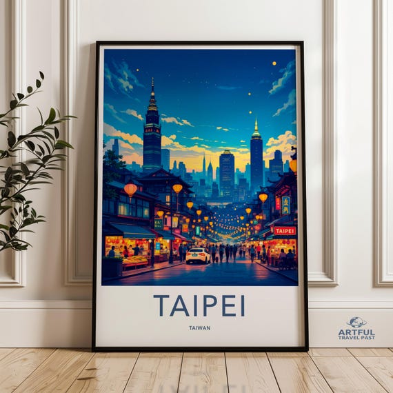 Taipei Cityscape Poster Neon Nightlights Wall Art Taiwan Skyline Print Urban Scene Artwork Illuminated Night Market Decor