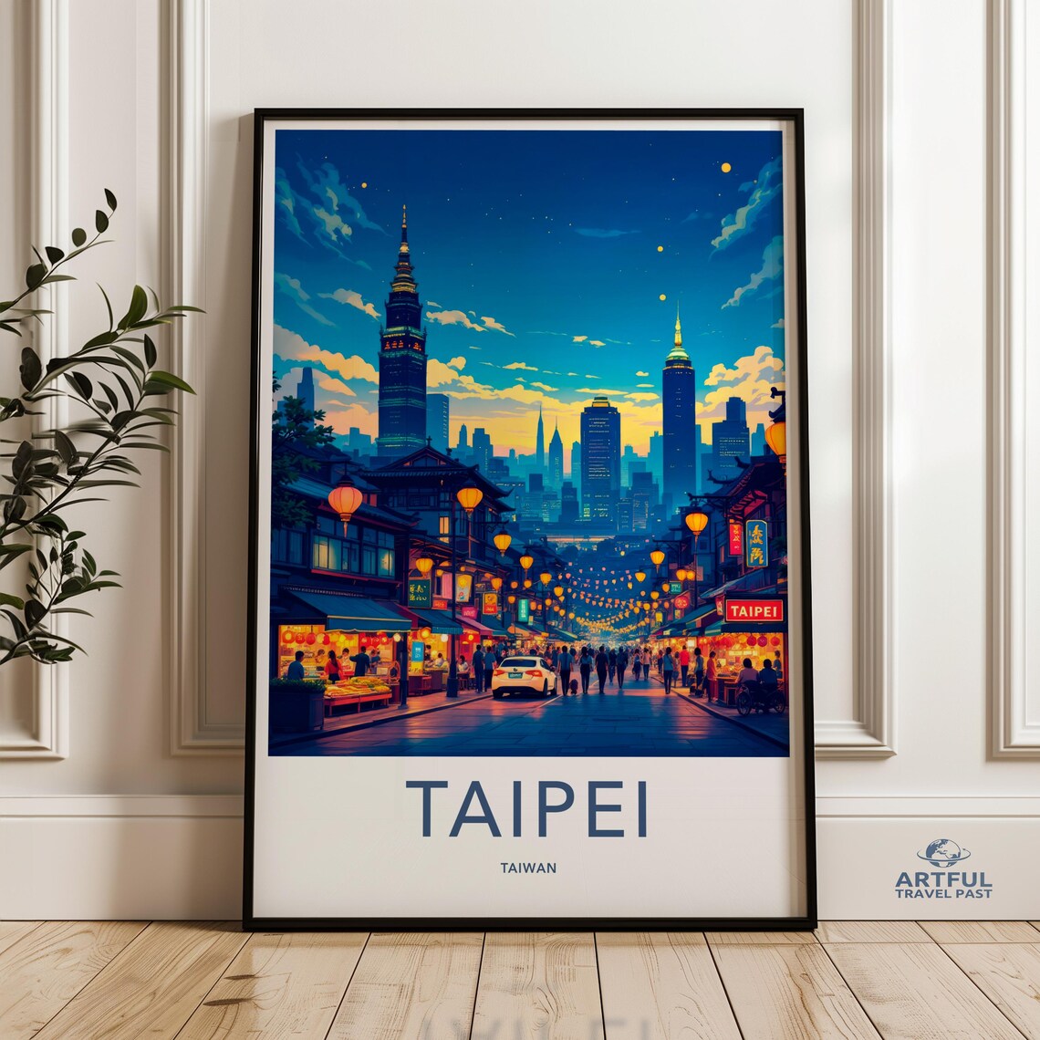 Taipei Taiwan Night Market Neon Lanterns Taipei 101 Skyline Poster