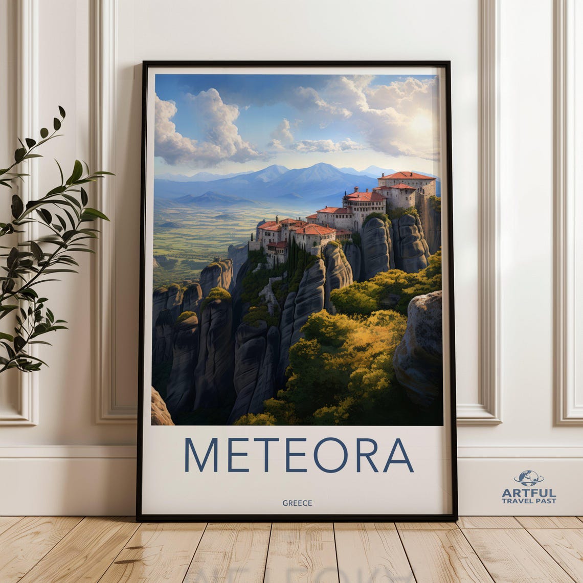Meteora Greece Monastery Cliffs Sunset Panoramic Travel Poster