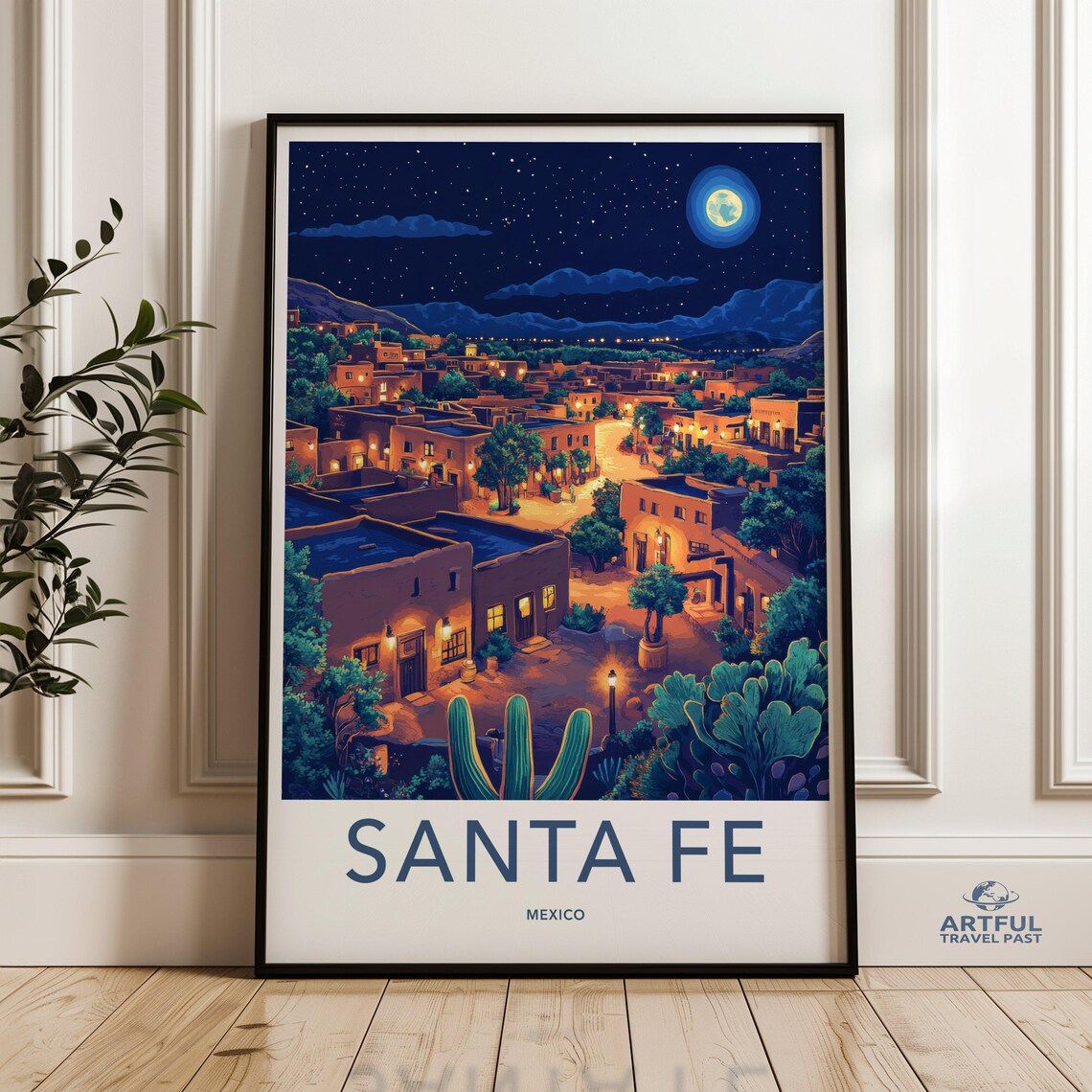 Santa Fe Night Scene Art Print, Southwestern Decor