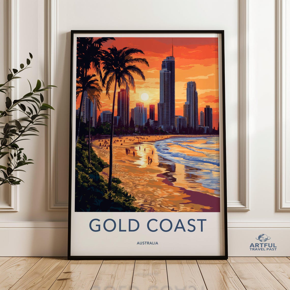 GOLD COAST AUSTRALIA Sunset Beach Skyline Vintage Travel Art Poster