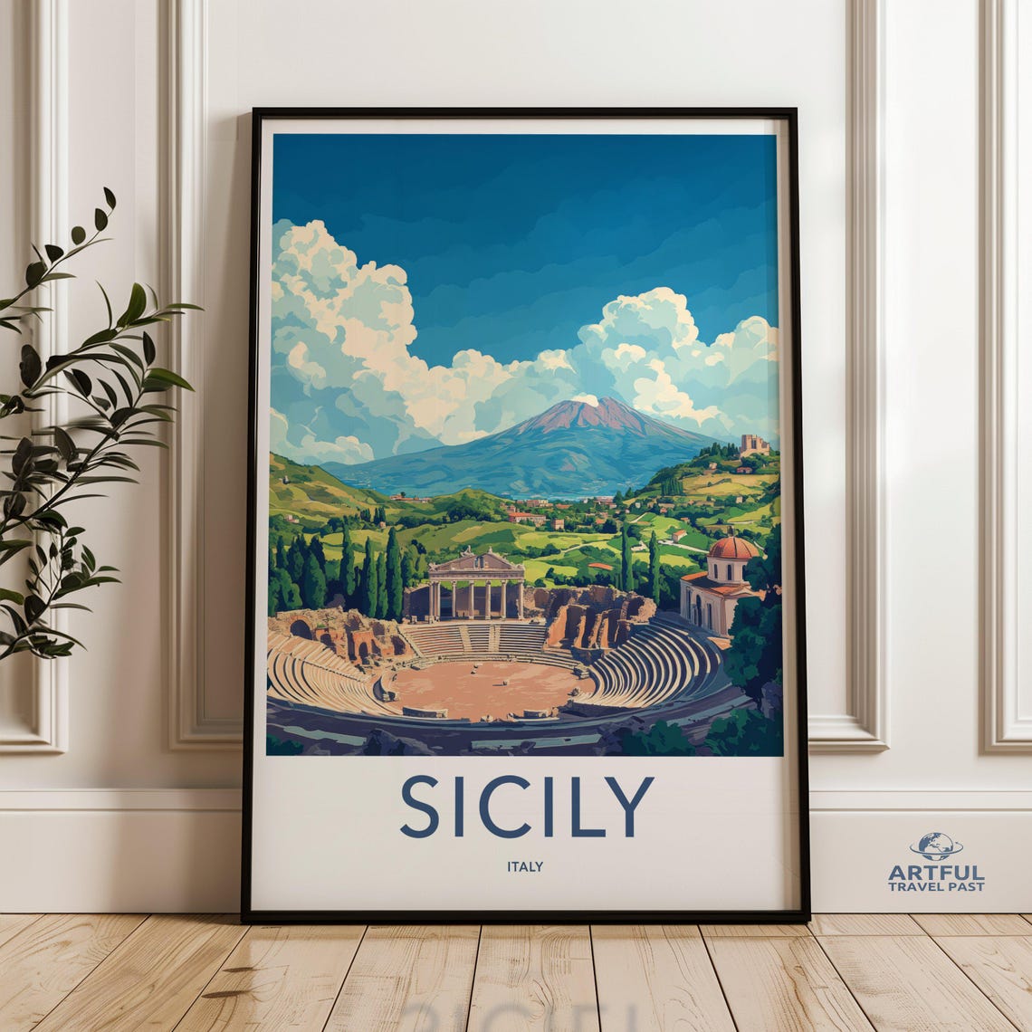 Sicily Italy Poster Ancient Greek Theater With Mount Etna Volcano View
