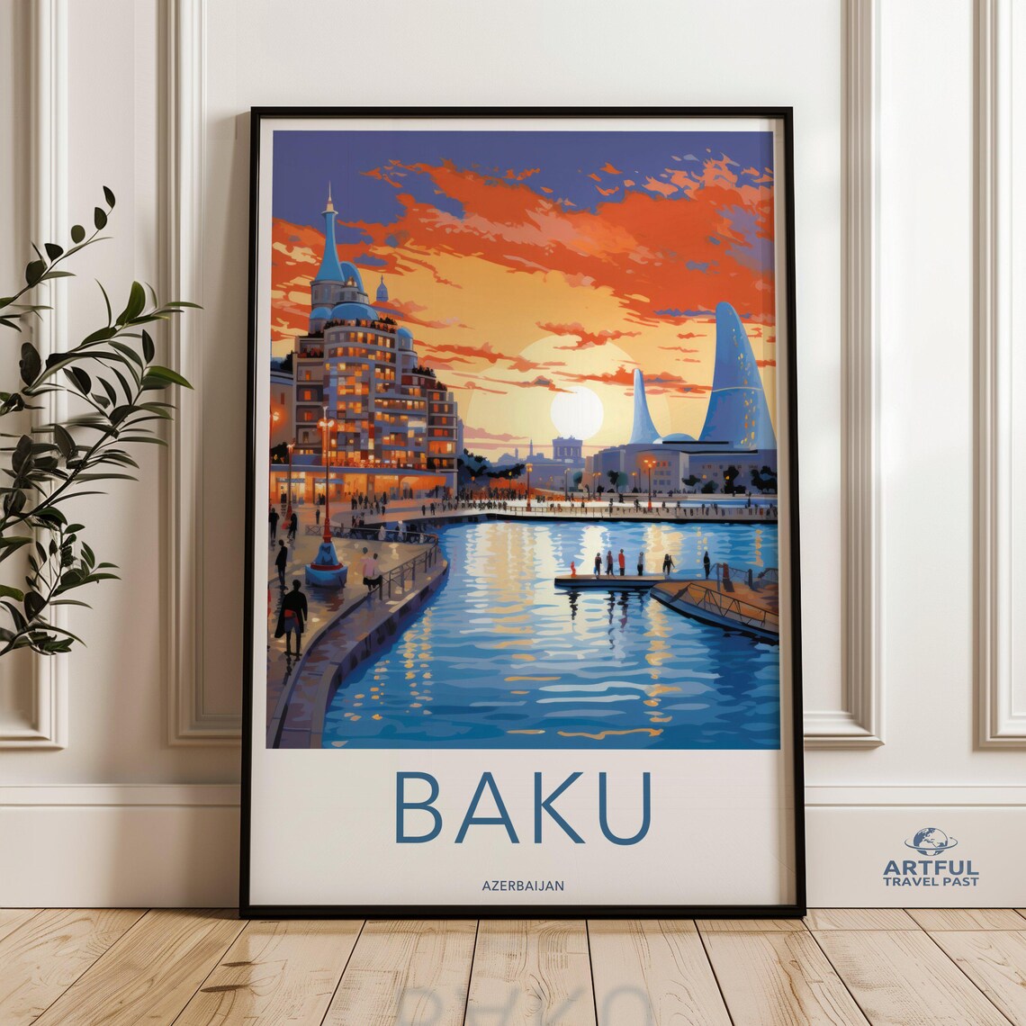 Baku Azerbaijan Travel Poster Flame Towers Waterfront Sunset Decor