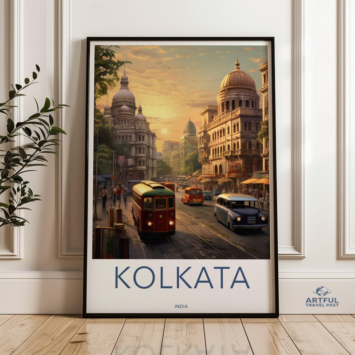 Kolkata India Vintage Tram Street Colonial Cityscape Travel Poster