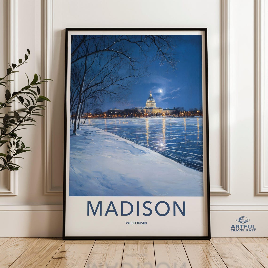 Madison Wisconsin State Capitol Winter Night Snow Scene Poster