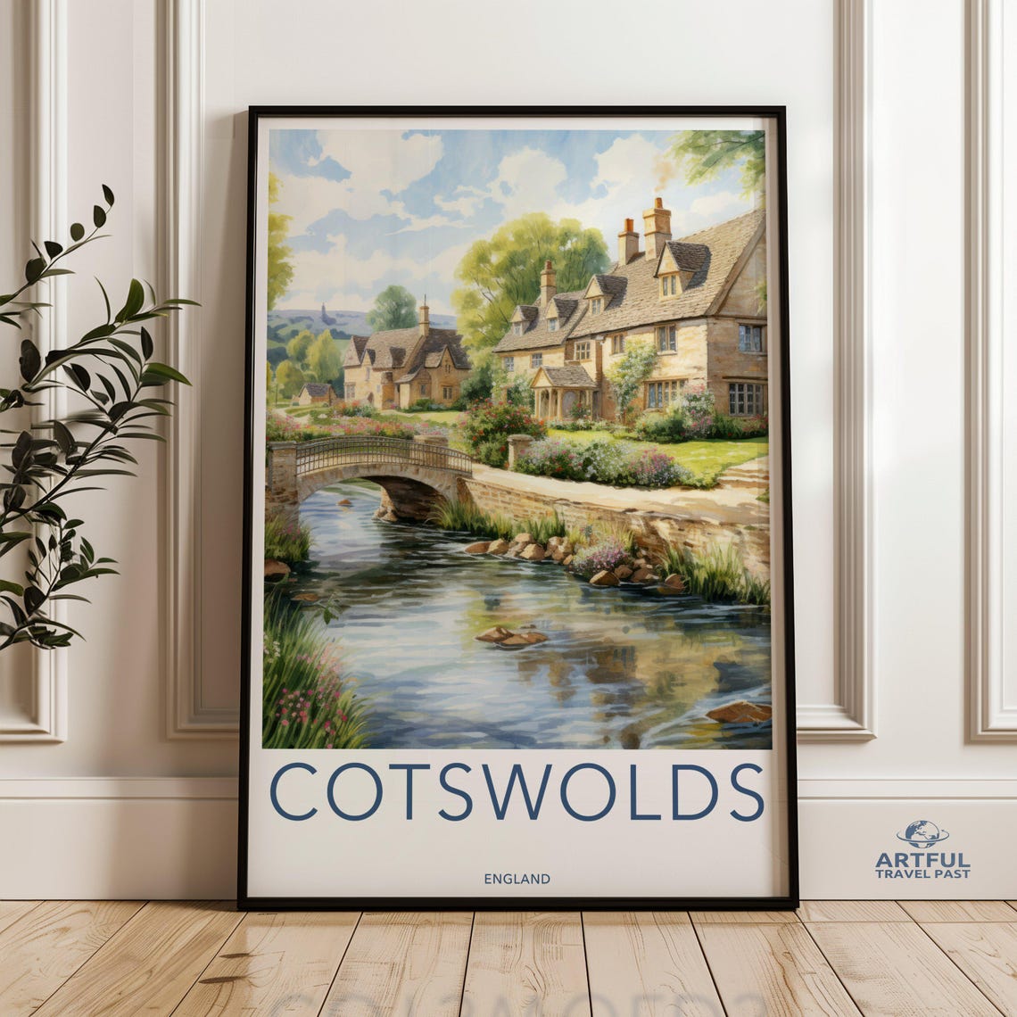 Cotswolds England Stone Cottage Village Stream Vintage Travel Poster