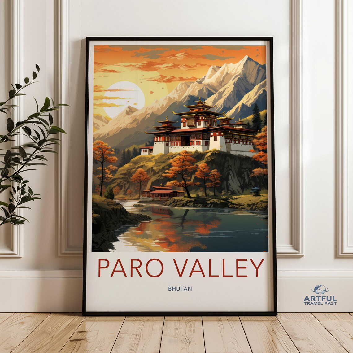 Paro Valley Bhutan Monastery at Sunset Autumn Mountains Travel Poster