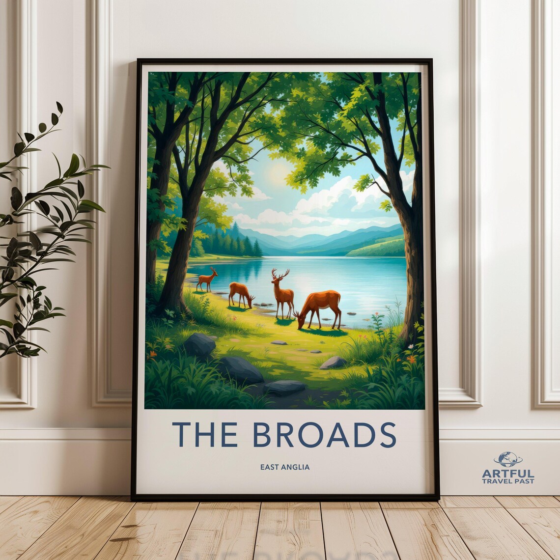 The Broads East Anglia Deer Lakeside Wildlife Vintage Travel Poster