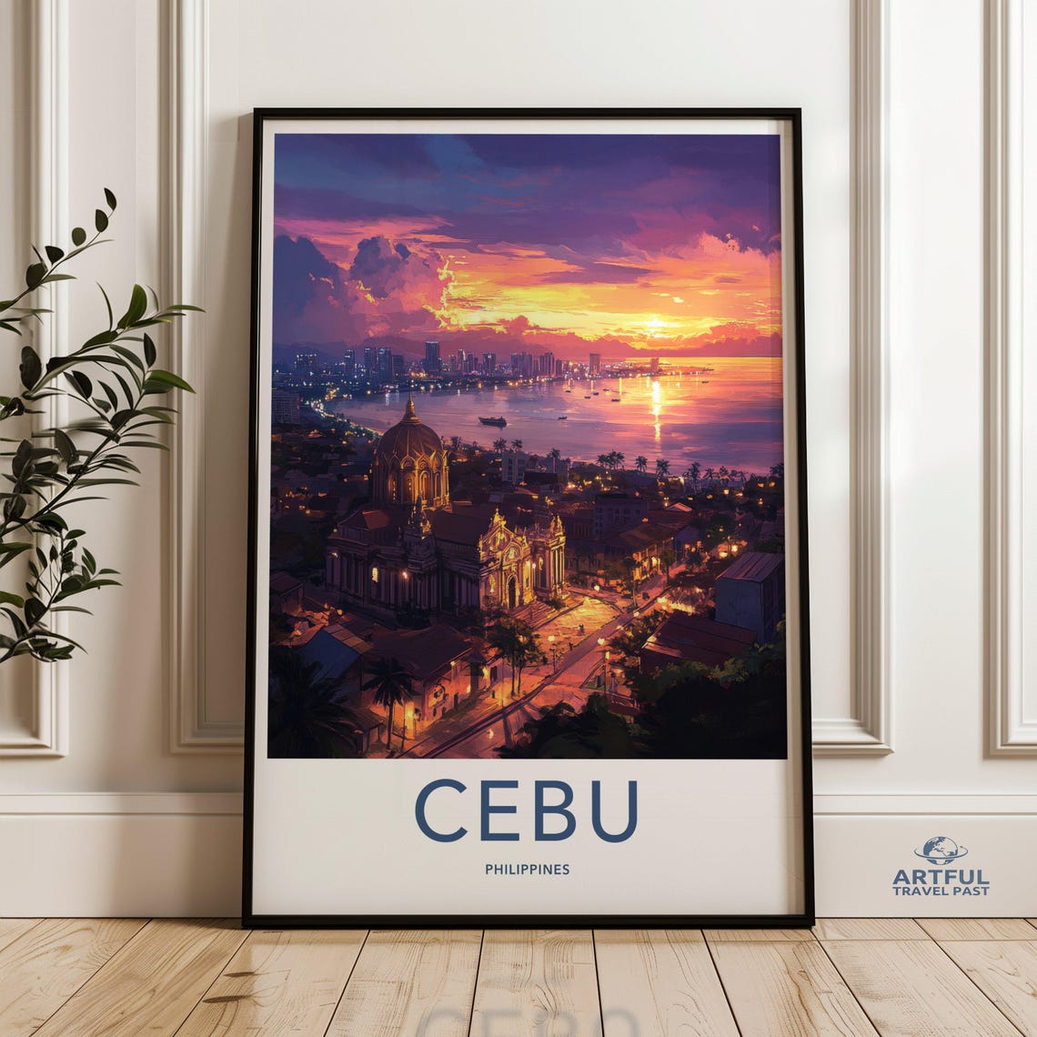 Cebu Philippines Sunset Bay Cityscape Cathedral Travel Poster