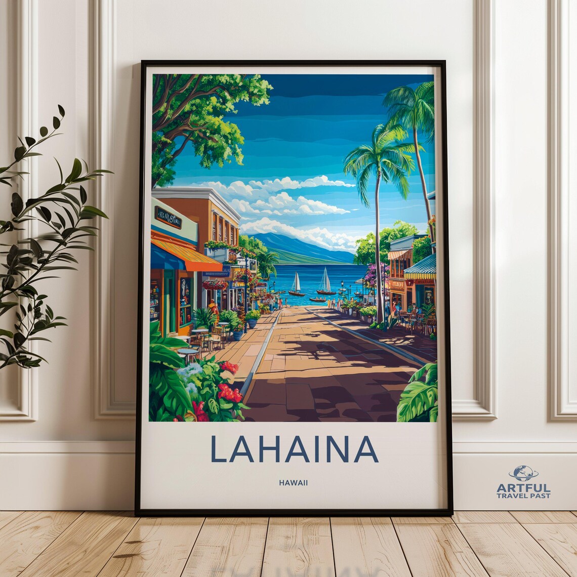 Lahaina Hawaii Tropical Palm Street Harbor Sailboat Travel Poster