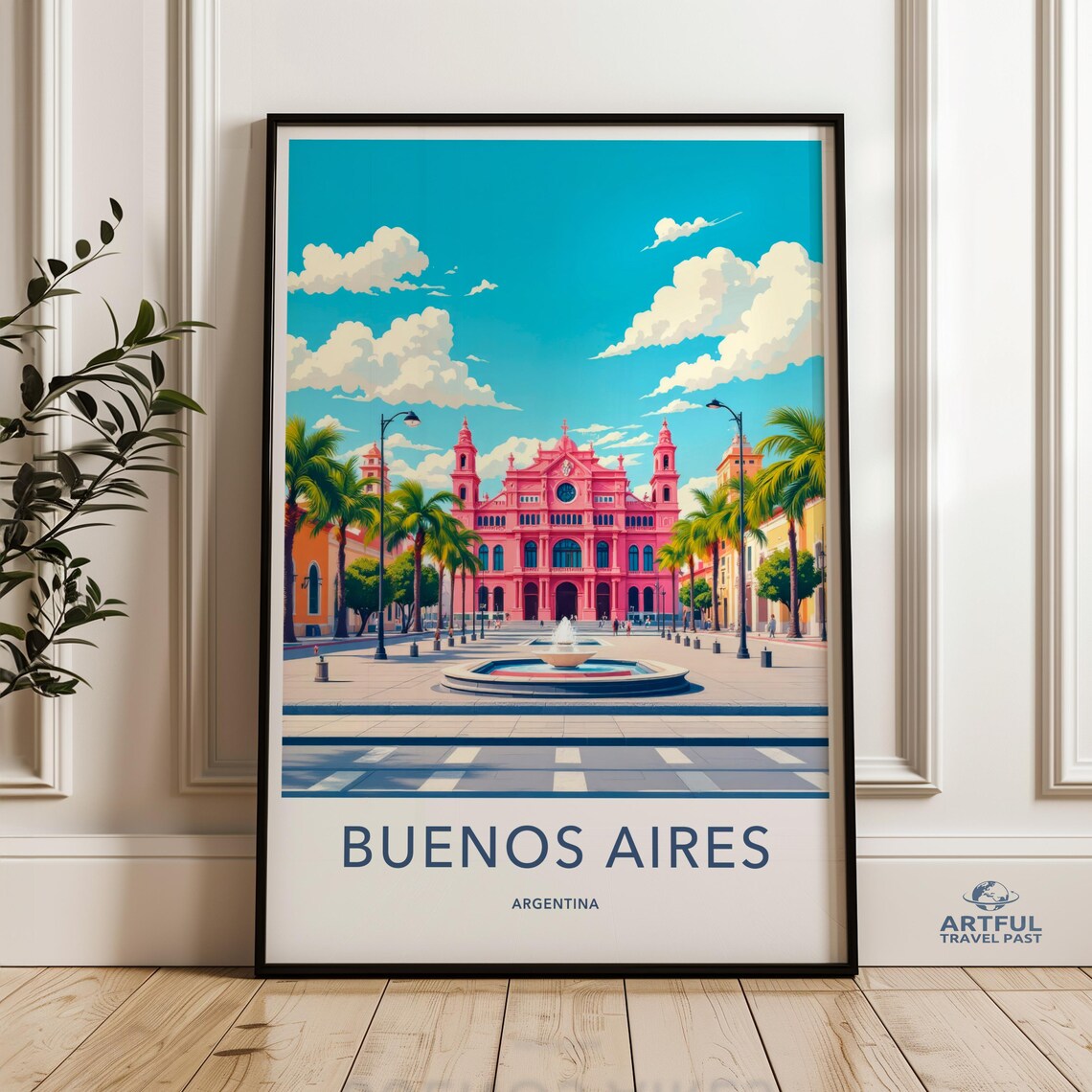 Buenos Aires Argentina Pink Cathedral Plaza Fountain Travel Poster