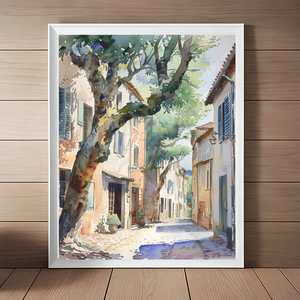 Aix En Provence Street Old Tree Blue Shutters Watercolor Wall Art