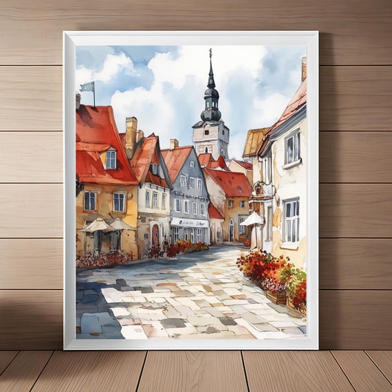 Estonia Painting Tallinn Wall Art Streetscape Watercolor Print Gothic Town Hall European Wall Decor Europe Travel Poster Travel Gift