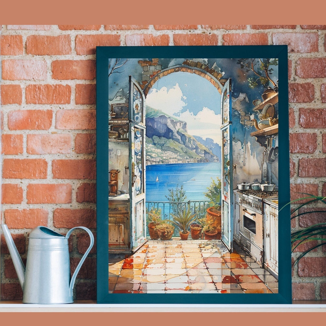Italian Kitchen Open Arched Doors Overlooking the Sea Poster