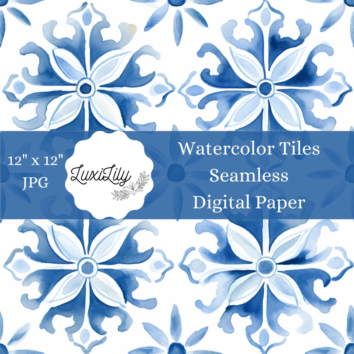 Blue Watercolor Tile Seamless Digital Paper Mediterranean Print