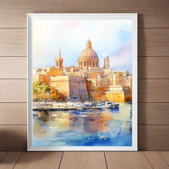 Valletta Malta Skyline Basilica Dome Harbor Golden Watercolor Wall Art